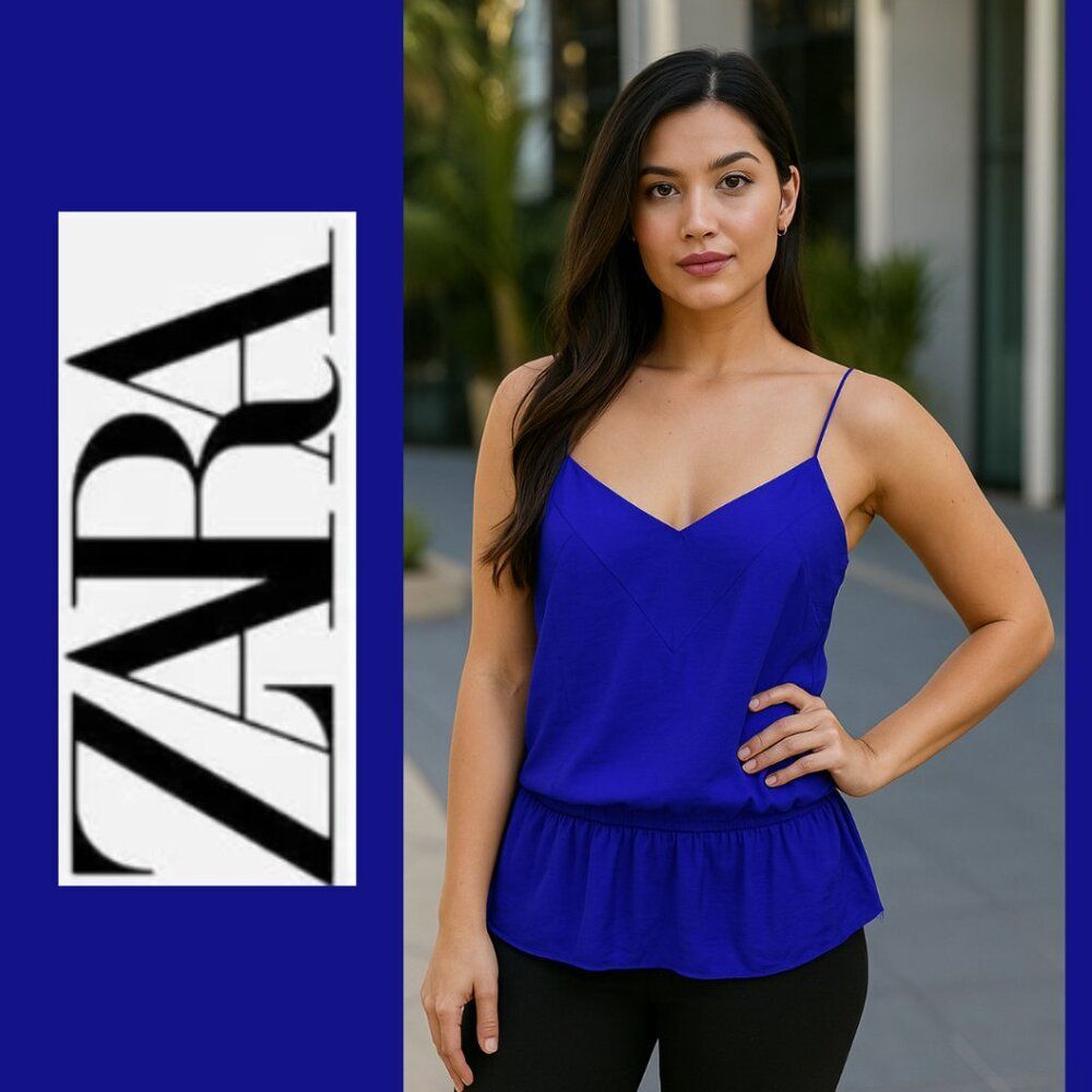 Zara Trafaluc Collection Blue with Frayed Hems Blouse
